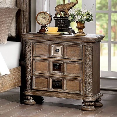 Lellen 3 Drawer Carved Details Nightstand Rustic Natural Tone - HOMES: Inside + Out 1 Lellen 3 Drawer Carved Details Nightstand Rustic Natural Tone - HOMES: Inside + Out