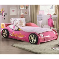 Twin Naglin Racing Car Bed With Led Headlight Pink - HOMES: Inside + Out