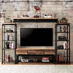 Stonehedge Industrial Pipe Inspired TV Stand For TVs Up To 60" Black/Natural - HOMES: Inside + Out -Cheap Homes Inside Out Store GUEST a0ebad9c b908 47d2 a73f da6fdc00682b
